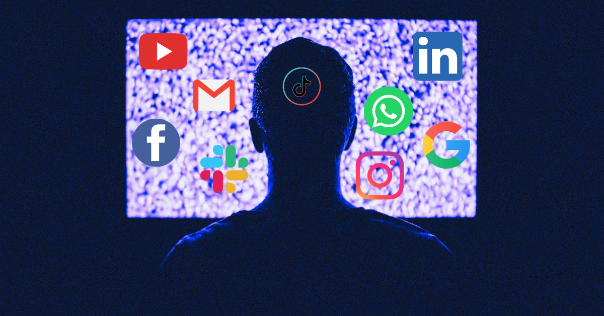 Man staring at static tv with social media icons